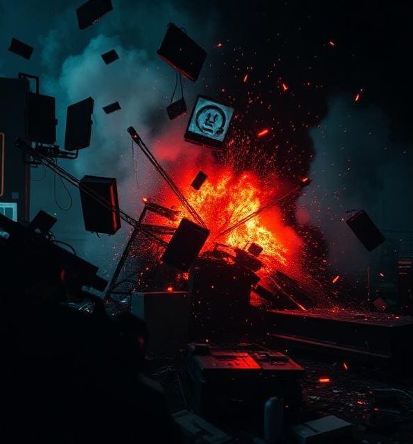 Secure device destruction Buffalo NY illustrated by Explosion surrounded by flying debris and glowing fire against a dark background.