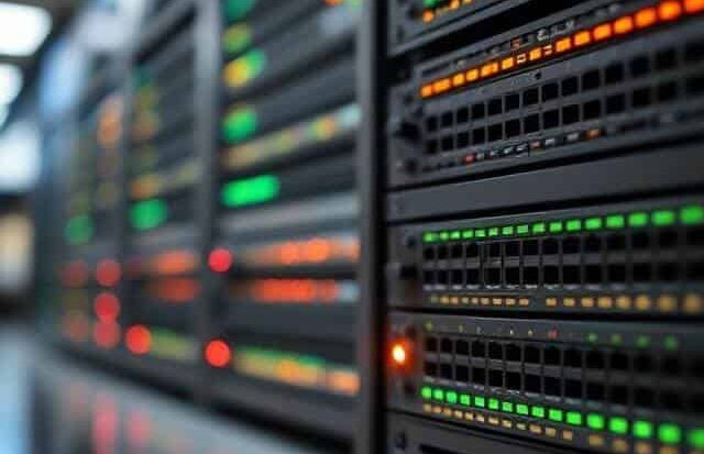 Network Installation & Engineering Close-up of server racks with blinking lights in various colors.