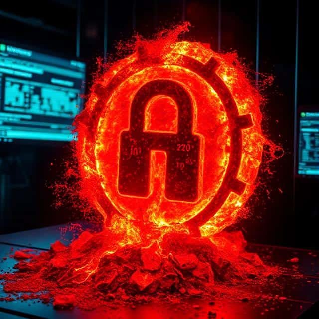 Glowing red logo with a circular gear design, surrounded by a fiery eruption representing IT infrastructure upgrade equipment recovery Cor