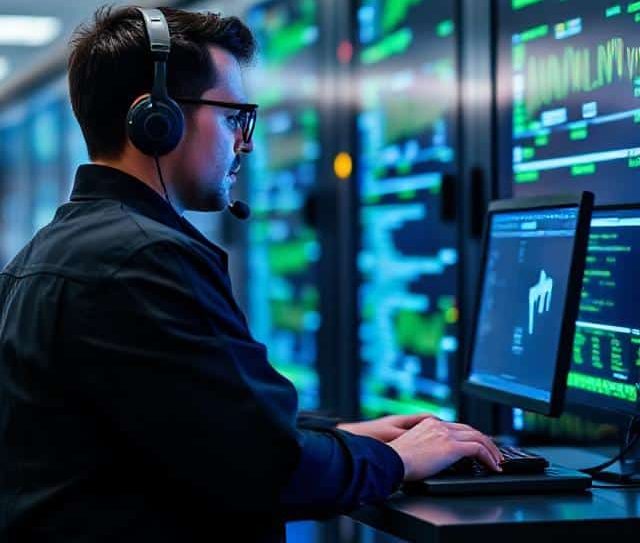 A person in glasses analyzing data on a computer, with digital screens in the background.