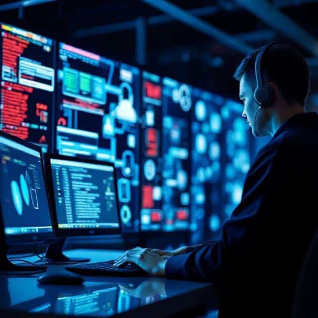 A person monitoring multiple computer screens in a dark, high-tech environment.