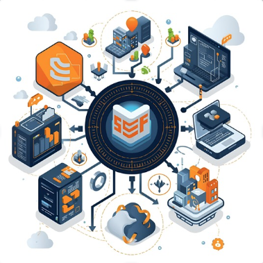 Illustration of a digital ecosystem featuring connected devices and data processes.