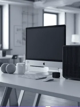 Modern workspace with an iMac, speakers, and a coffee cup on a white desk.