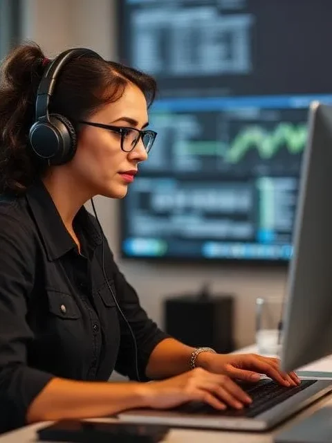 Woman wearing headphones and glasses, focused on a computer with data charts in the background.