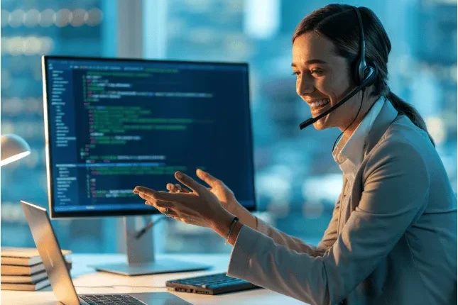 PC repair A person wearing a headset gestures while coding on a computer in an office setting.