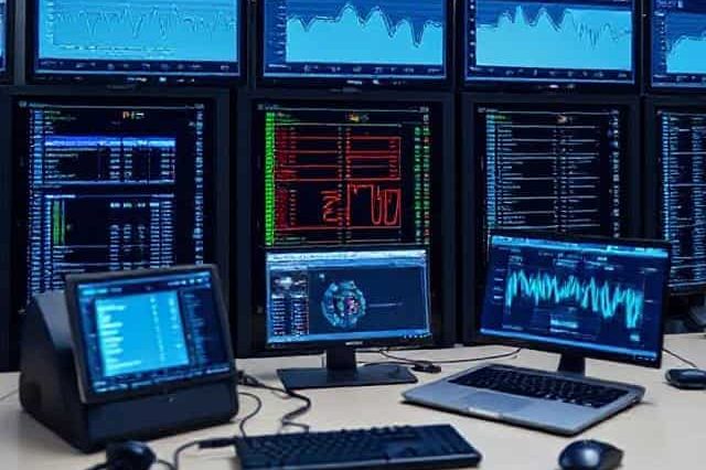 Security & firewalls Multi-monitor setup displaying financial data and stock market graphs.