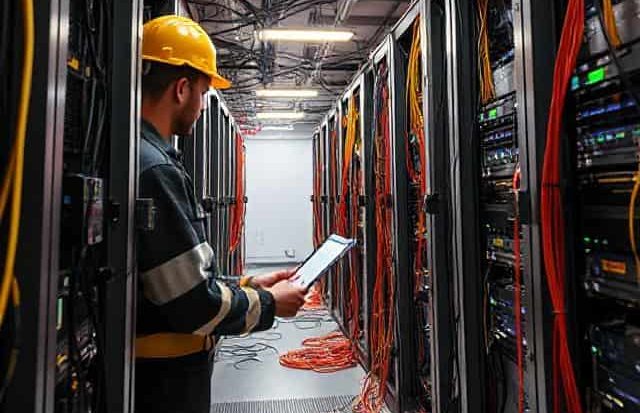 fiber optic installers: A technician in a hard hat examines a tablet in a server room filled with cables.