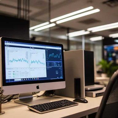 A modern workspace featuring a computer displaying data graphs and charts.
