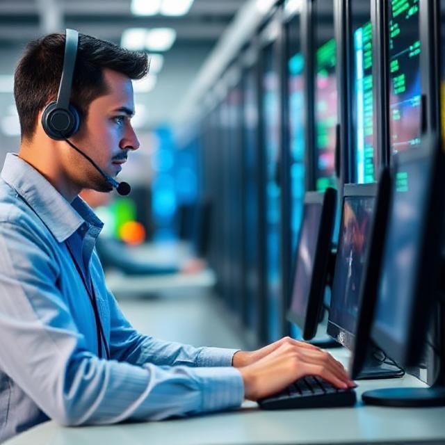A focused technician wearing a headset works at multiple computer screens in a server room.