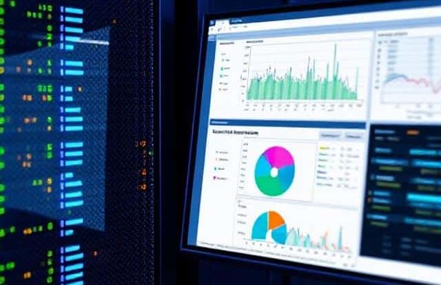 Screen displaying colorful data charts and graphs on a dark background.
