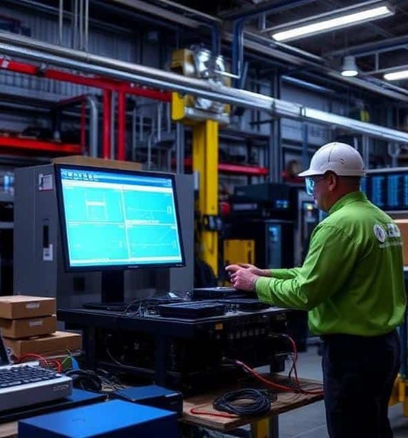 Asset recovery Buffalo NY Worker in a warehouse using a computer with boxes and machinery in the background 