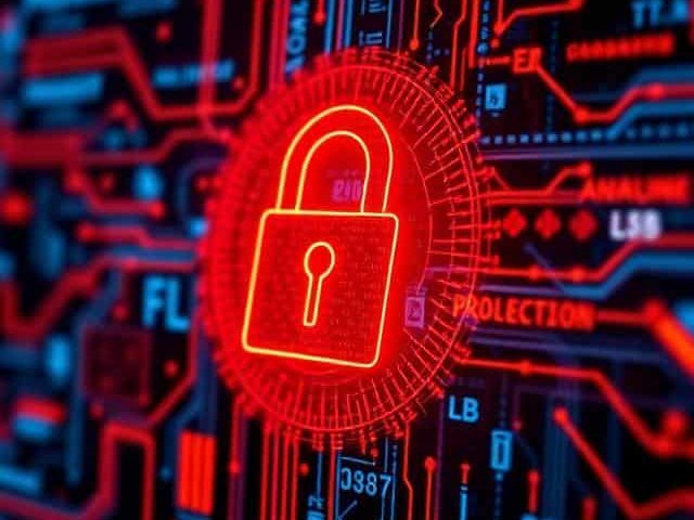 Red padlock icon on a dark circuit board background, symbolizing security.