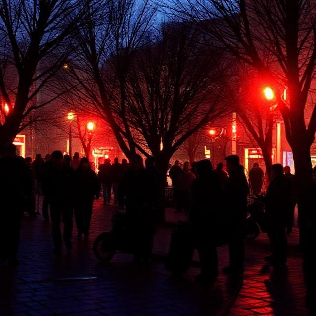 Silhouettes of people against a dark street illuminated by red lights and trees.