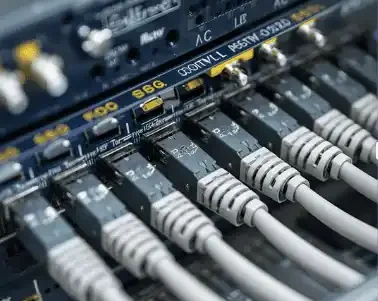 Close-up of multiple network cables connected to a server panel.