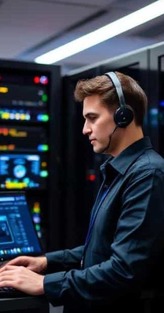 Young man wearing headphones working on a laptop in a tech environment.