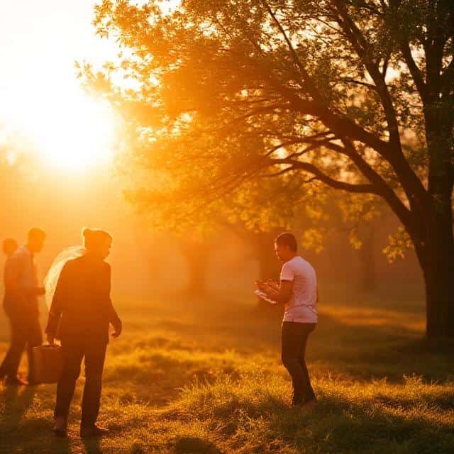 Group of people in a sunlit field, enjoying nature during sunset.