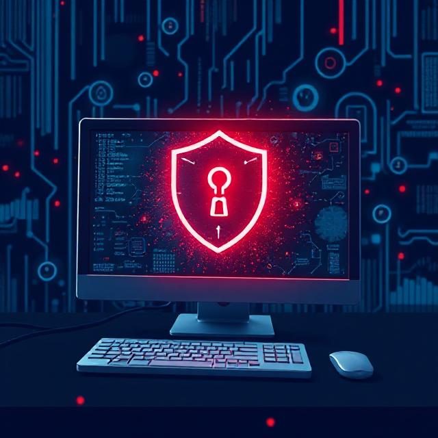 A computer monitor displaying a neon security shield icon on a tech-themed background.