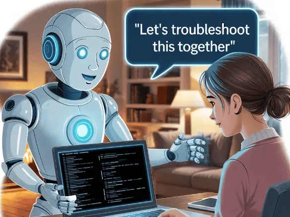 A robot offers help to a person troubleshooting on a laptop in a cozy room.