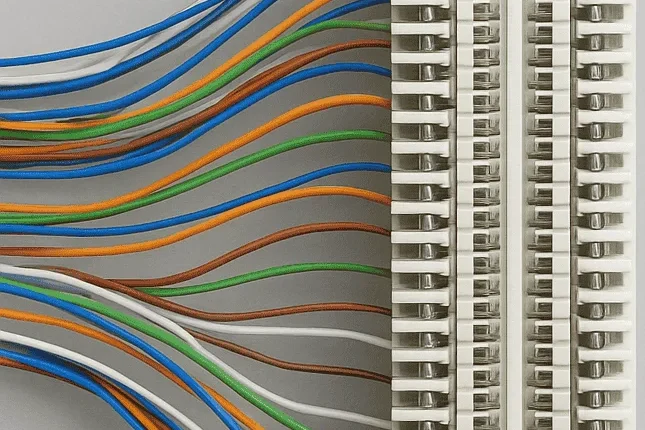Analog Telecom system Colored wires connecting to a structured panel with multiple ports.