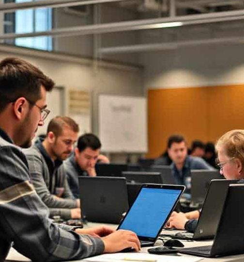 Group of people working at laptops in a collaborative setting.