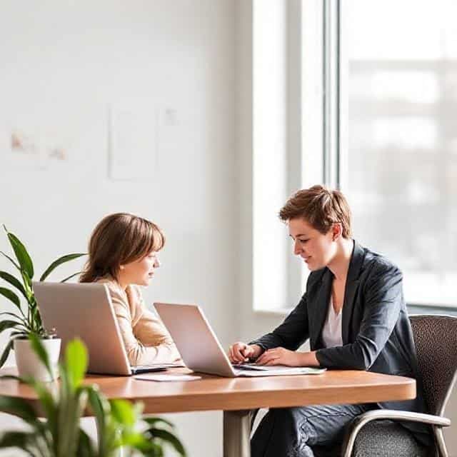 Two people engaged in a discussion at a table with laptops and plants nearby.