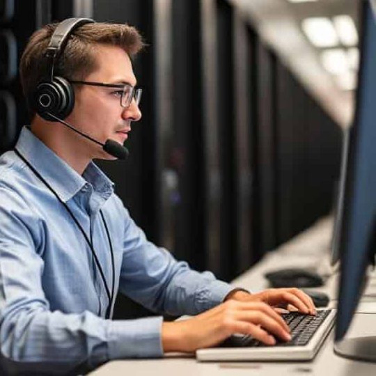 A man wearing a headset works at a computer in a server room.