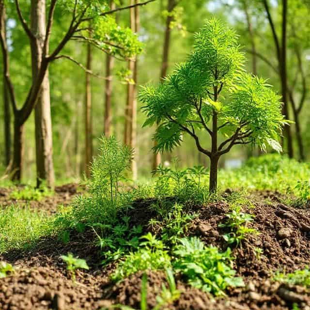 Young tree surrounded by lush greenery and soil in a forest setting.