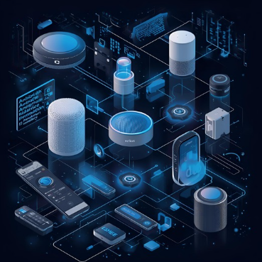 Illustration of various smart home devices and connected technology on a dark background.