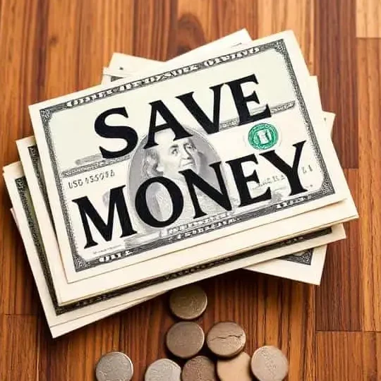 A stack of dollar bills with "SAVE MONEY" printed on top, alongside some coins.