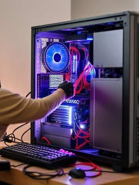 Person installing components inside a gaming computer tower with colorful LED lights.
