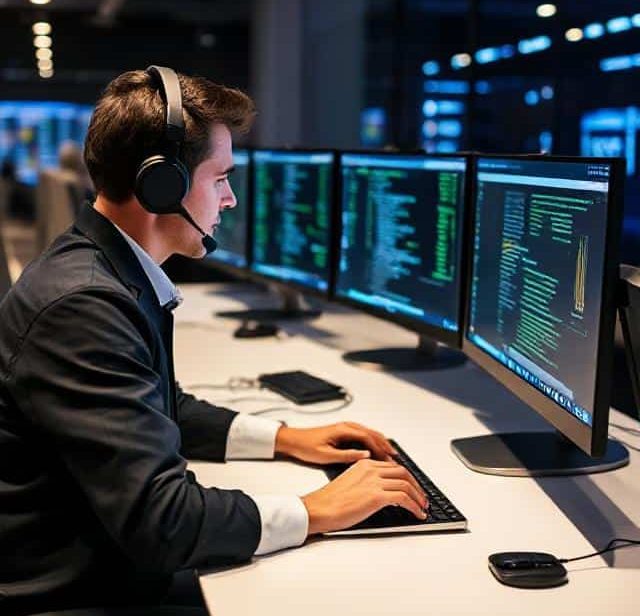 Person wearing a headset, focused on coding across multiple computer screens.