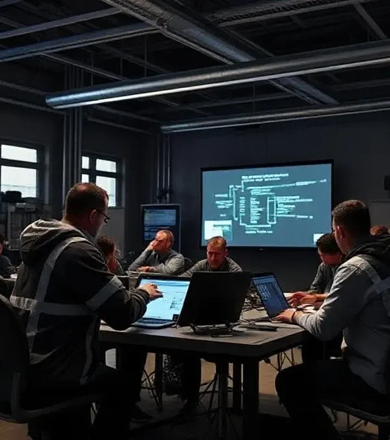 A group of people in a conference room collaborating with laptops and a presentation screen.