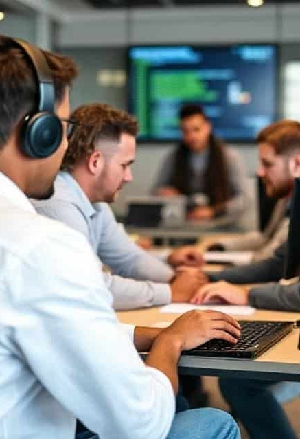 Group of professionals collaborating in a modern office setting with computers.