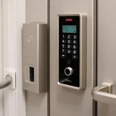 Keypad access control panel with fingerprint scanner on a wall for Access Control System company Corning NY