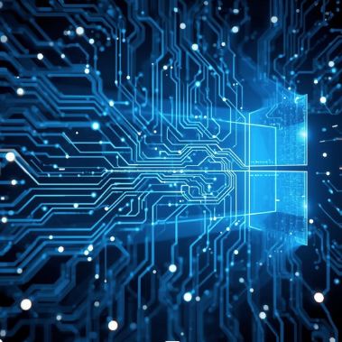 Configuration Blue digital circuit board with abstract glowing lines and shapes.