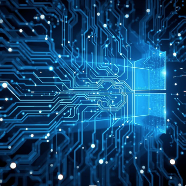 Abstract digital circuitry with glowing lines and a bright focal point in blue tones.