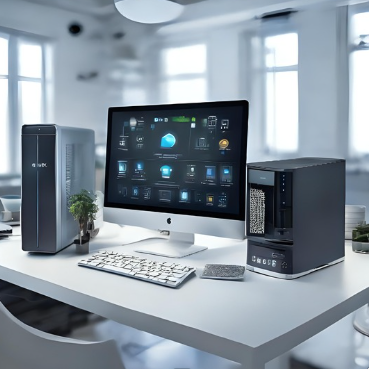A modern desktop setup with a monitor, keyboard, and two computer towers on a white table.