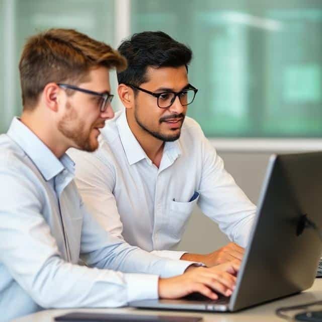 Training Two men collaborating while working on a laptop in a modern office setting.
