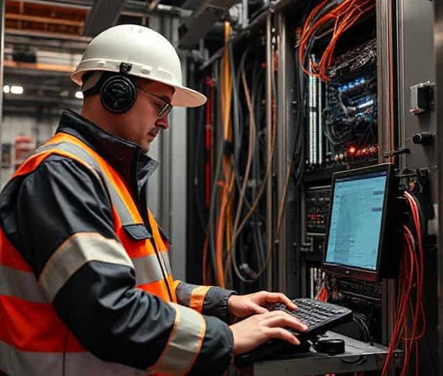 A technician in a hard hat and safety vest works on a computer in a control room.