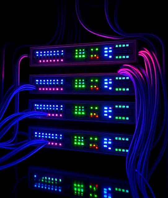 fiber switches Multicolored network switches with glowing indicators and cables in a dark setting.
