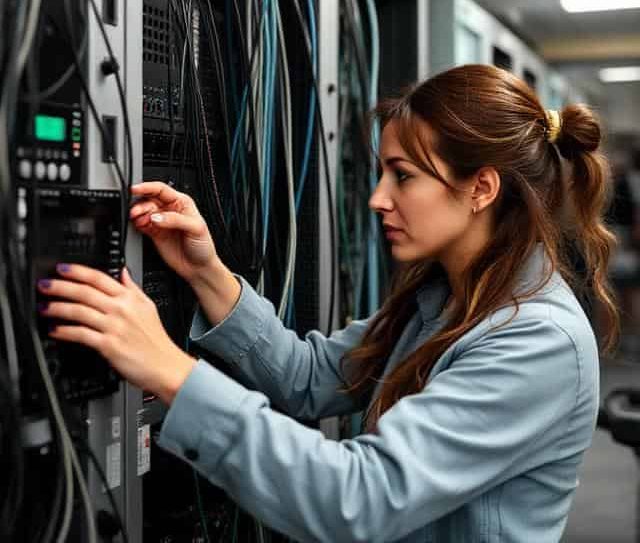 Woman working on server equipment in a data center.