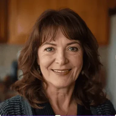 Sarah L Smiling woman with wavy brown hair, wearing a gray cardigan in a warm, indoor setting.