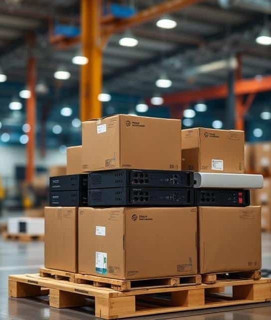 Stack of cardboard boxes and stacked servers on a wooden pallet in a warehouse setting showing Asset recovery Buffalo NY
