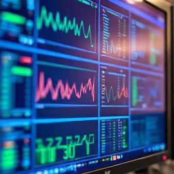 Graphs and waveforms displayed on a computer monitor, featuring various data metrics.