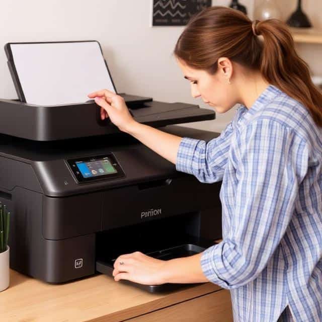 Woman loading paper into a multifunction printer in a home office setting.