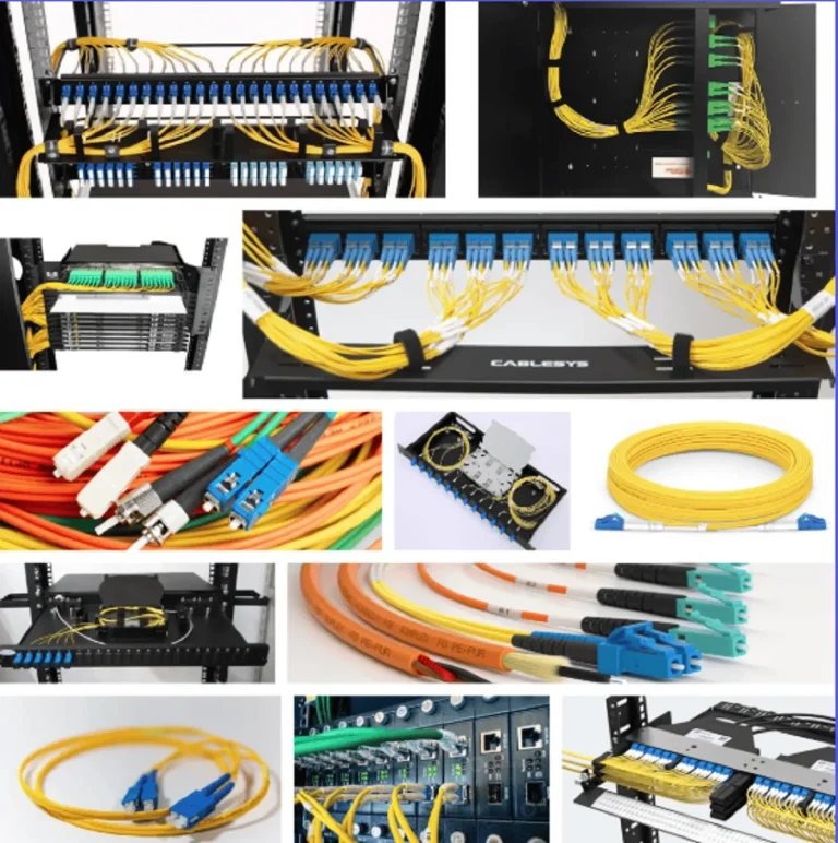 Various network cables and equipment arranged to showcase options for fiber optic network installation.