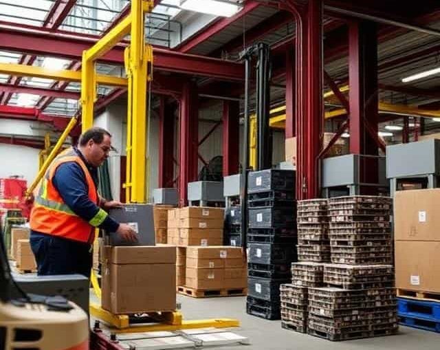 A worker in a warehouse arranges cardboard boxes using a forklift.