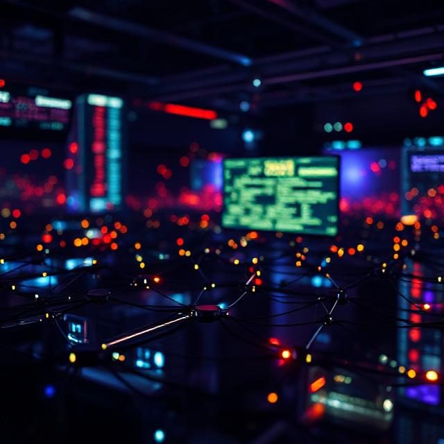 A dimly lit data center filled with glowing servers and digital displays.