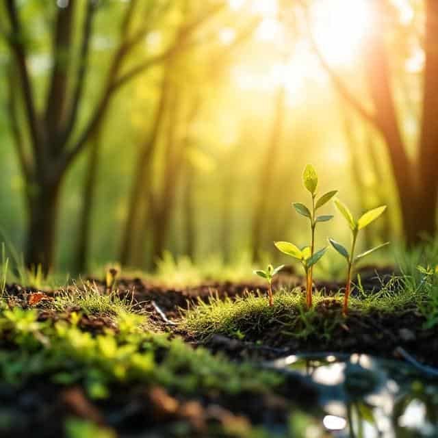 Two small plants sprout in rich soil, illuminated by sunlight filtering through trees.