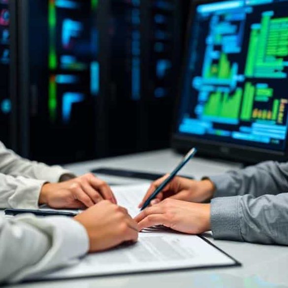 Two hands signing a document with financial charts displayed on a screen in the background.